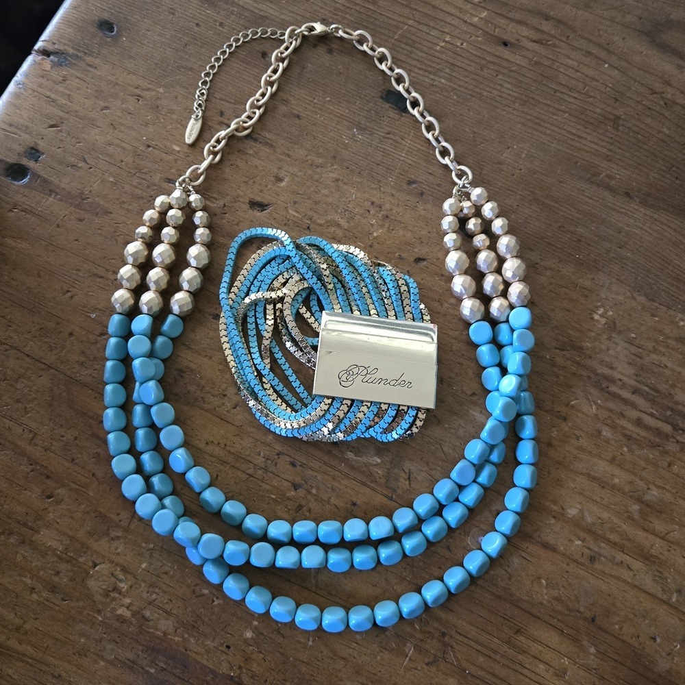 Plunder 3 Strand Necklace & Bracelet Set Turquoise & Gold Beads & Chains EUC